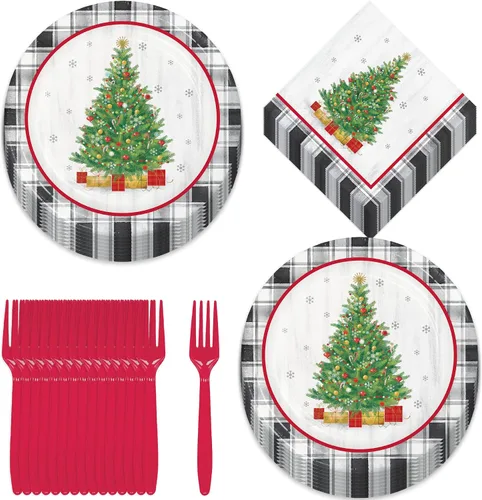 Vista 16 de HOME & HOOPLA Platos y servilletas de papel grandes para fiesta de Navidad, diseño calmado y brillante en verde y dorado moderno (para 16 personas)