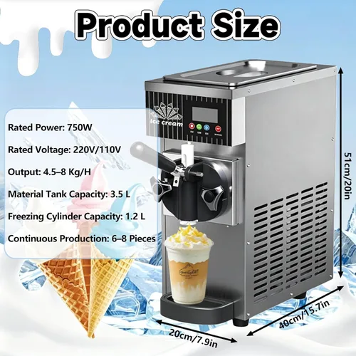 Vista 6 de Commercial Ice Cream Machine, 1300W Freestanding Soft Serve Ice Cream Maker, 18-25kg/H Yield with 3-Flavor, Auto Clean LCD Touch Screen, for Snack