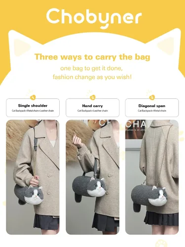 Vista 8 de Bolso cruzado con forma de gato con correa ajustable y cadena de metal, bolso de gato para mujer
