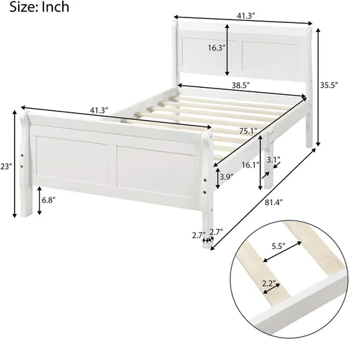 Vista 2 de Knocbel Base de cama de plataforma de madera con cabecera y estribo de trineo, capacidad de 200 libras, tamaño individual (blanco)