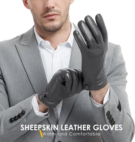 Vista 2 de Dsane Guantes de cuero de oveja genuina de invierno para hombres, guantes de motocicleta de conducción con forro de cachemira para pantalla táctil