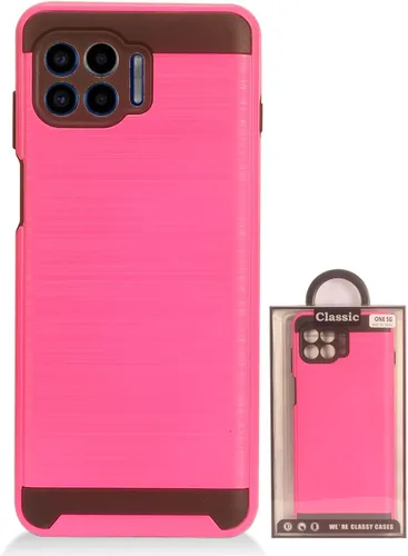Vista 3 de Para Motorola One 5G, Moto One 5G UW /XT2075 - Funda de teléfono resistente a prueba de golpes de estilo cepillado - CS3 rosa intenso CS3 Negro/Rosa