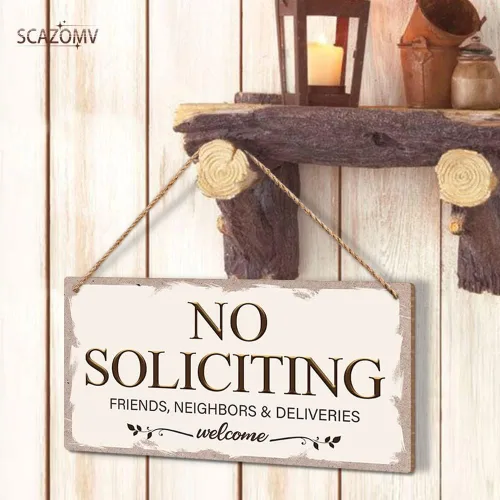 Vista 6 de No Soliciting Family Friends Neighbors Deliveries - Cartel de bienvenida divertido de madera rústica para puerta delantera, estilo vintage