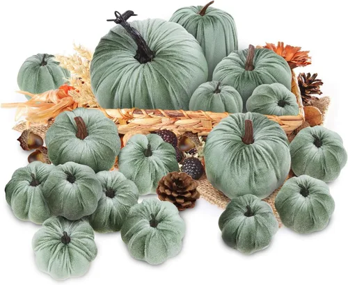 Vista 7 de Woration 16 piezas de terciopelo de tamaño surtido de calabaza artificial decoración de tela envuelta en otoño cosecha calabaza otoño mesa centro