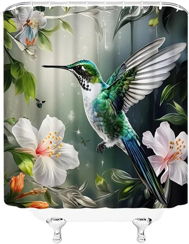 Vista 4 de Cortina de ducha de flores de colibrí, acuarela, hojas verdes, pájaros, jardín, naturaleza, paisaje, cortinas de decoración de baño con ganchos, 35