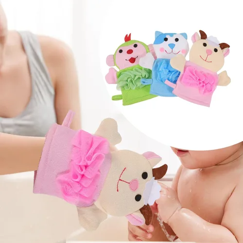 Vista 5 de LALAFINA 3 guantes de baño con bonito patrón de dibujos animados para niños y niñas, exfoliantes de ducha, suministros de baño ligeros y seguros