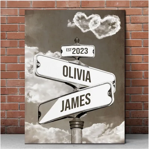 Vista 17 de Letrero de calle vintage de lienzo personalizado para parejas, nombre personalizado y fecha, impresión de lienzo de letrero de calle vintage