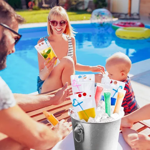 Vista 5 de 100 bolsas de doble cremallera para bebidas con 100 popotes y 30 bolsas de paletas plegables de mano resistentes para batidos, bebidas frías