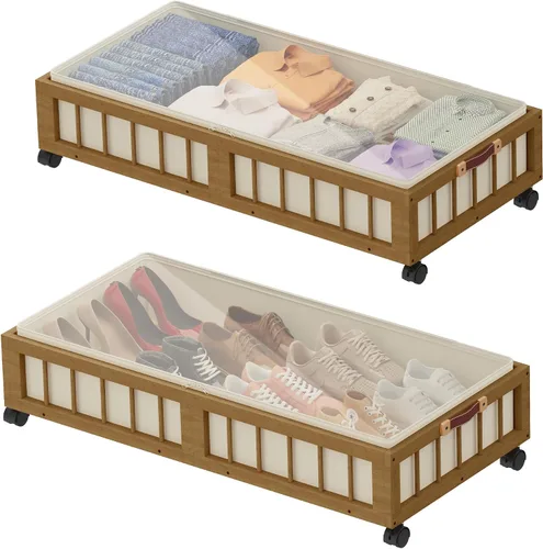 Vista 11 de efluky Paquete de 2 contenedores de almacenamiento de bambú debajo de la cama con ruedas, cesta de almacenamiento de ropa debajo de la cama