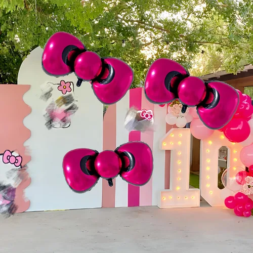 Vista 5 de 3 globos de lazo rosa Kitt.y Hello de 38 pulgadas, decoraciones de baby shower para niñas/decoraciones de cumpleaños de coqueta para niñas/globos