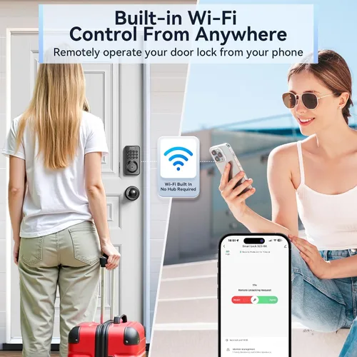 Vista 5 de Cerrojo de puerta de entrada sin llave Ulecoce con mango - WiFi incorporado, huella digital, control de aplicación y timbre, teclado electrónico