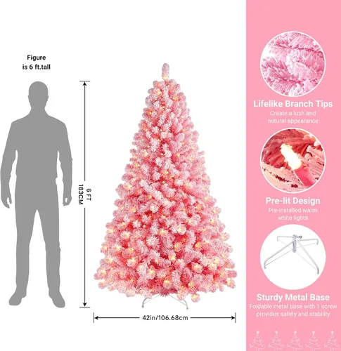 Vista 2 de SHareconn - Árbol de Navidad artificial preiluminado de abeto nevado de 6 pies, color rosa
