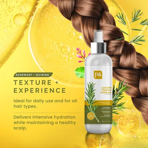 Vista 5 de Pili Natural Hair Tonic contiene extractos de pantenol, romero, quinina, árnica y caléndula que ayudan a fortalecer y nutrir los folículos pilosos