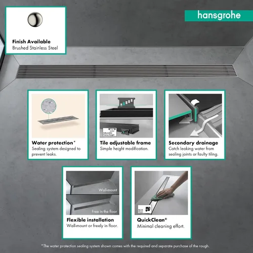 Vista 5 de hansgrohe RainDrain Match Boardwalk - Drenaje de ducha lineal para 27 5/8 pulgadas, con marco de altura ajustable en acero inoxidable cepillado