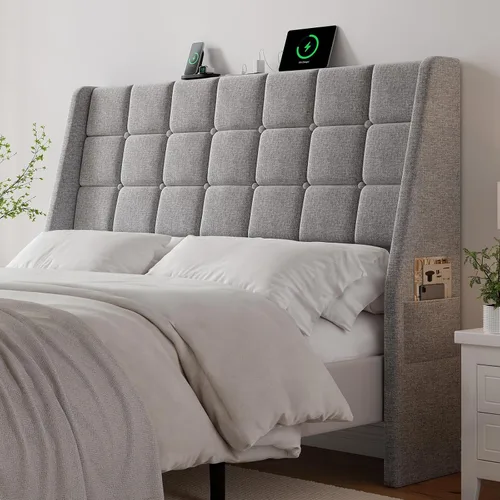 Vista 12 de Cabecera ergonómica tapizada de tamaño completo con estación de carga, cabeceros wingback de lino con bolsillo de almacenamiento, solo cabecero