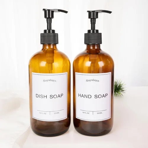 Vista 5 de Dispensador de jabón de vidrio ámbar con bomba antioxidante. Dispensador de jabón recargable de cocina y baño para jabón de platos, desinfectante