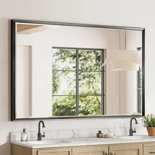 Vista 48 de Espejo de baño negro, espejo de baño biselado de 16 x 24 pulgadas para pared, espejo con marco negro antioxidante para decoración de baño, sala