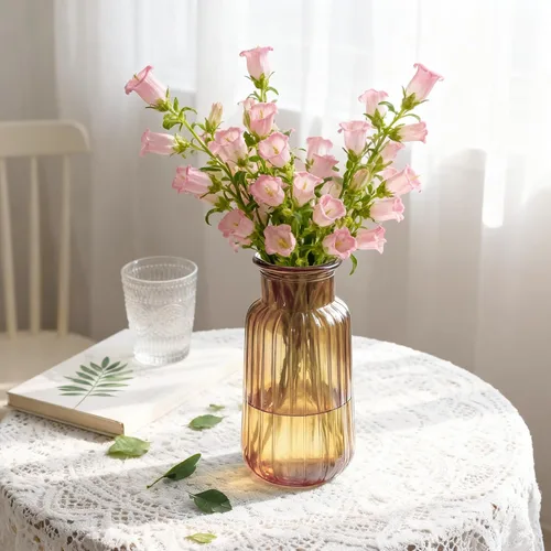 Vista 2 de Jarrón de cristal ámbar, florero acanalado de 8.7 pulgadas de alto para ramo, centro de mesa, decoración de mesa de comedor, jarrones transparentes