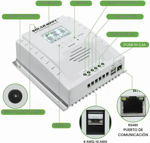 Vista 4 de Controlador de carga MPPT 60 amperios, regulador de carga de panel solar 12V 24V Auto 60A, entrada máxima 100V con pantalla LCD para batería