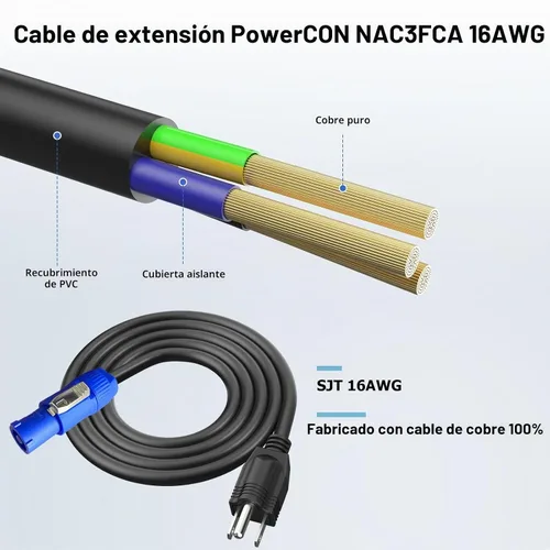 Vista 3 de Cable de alimentación de CA de 3 clavijas NEMA 5-15P a PowerCon 20A-3FT 3 Pin NEMA 5-15P Male to PowerCon Input Male Connector Extension Power