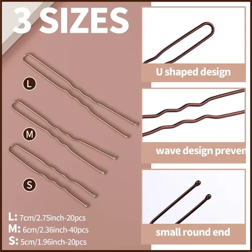 Vista 3 de Teenitor Juego de accesorios para el cabello, incluye 40 redes invisibles para recital de ballet y 80 pines para hacer moños, marrón, 3 tamaños
