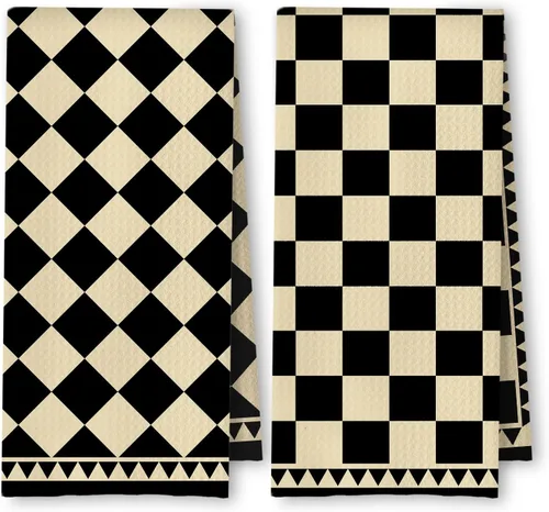 Vista 14 de Toallas de Cocina a Cuadros Neutros Bohemios, Toallas de Cocina y Té a Cuadros Beige y Negro para Decoración de Cocina, Toallas de Mano Retro