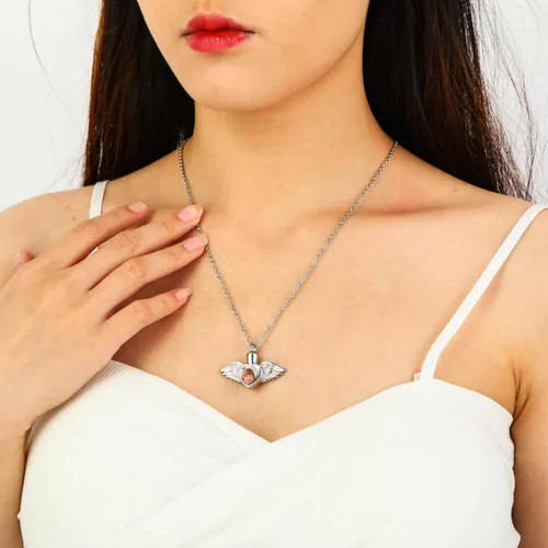 Vista 5 de MeMeDIY Collar de urna para cenizas, joyería de cremación de alas de ángel, colgante de urna con foto personalizada de acero inoxidable, recuerdo