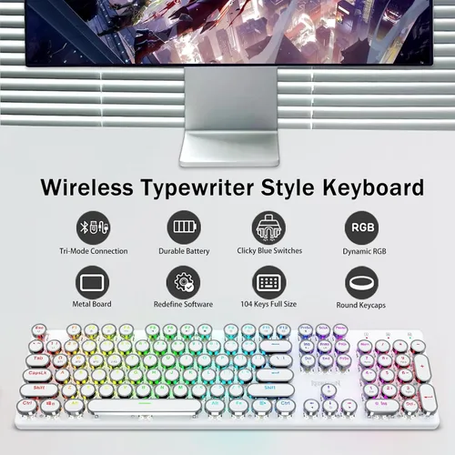 Vista 2 de Redragon K710 - Teclado mecánico inalámbrico para juegos, Bluetooth2.4Ghzcableado, retroiluminación LED RGB, interruptor azul, clic, recargable