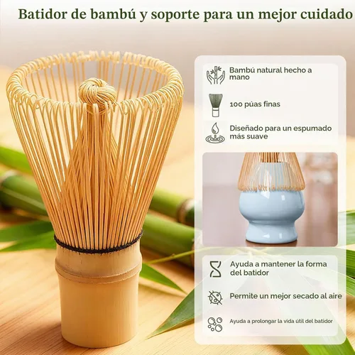 Vista 6 de Juego de batidor Matcha con cuenco de cerámica y cazador de bambú hoja azul
