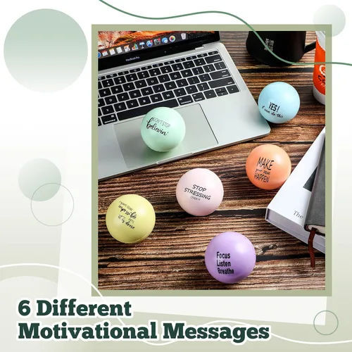 Vista 3 de Skylety 6 bolas motivacionales para el estrés de 2.5 pulgadas para adultos, bolas de espuma colorida para ejercicio de mano con citas inspiradoras