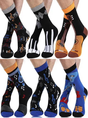 Vista 4 de 6 pares de calcetines musicales, regalos para hombres, divertidos calcetines temáticos de música, calcetines novedosos con notas de piano rocker