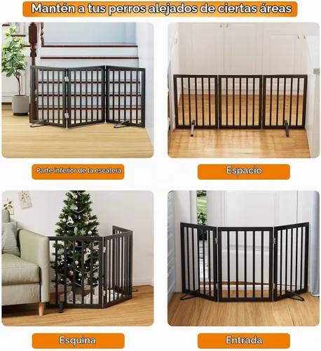 Vista 3 de Puerta plegable negra para mascotas de 18-55 pulgadas para escaleras y puertas, valla de puerta para cachorros Bamboo Dog Gate Negro