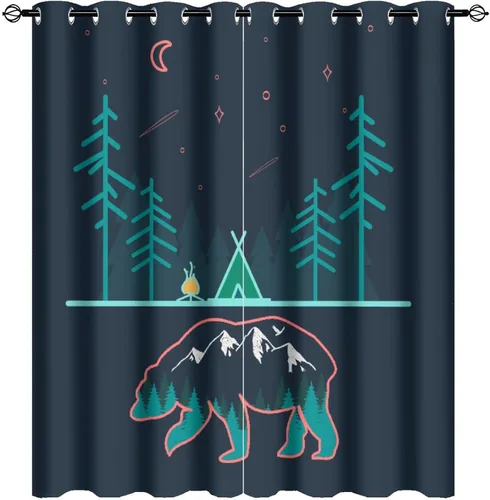 Vista 13 de Cortinas abstractas con estampado de cámper de caricaturas, divertido tema de aventura, campamento, montañas, vida silvestre, oso, tratamiento