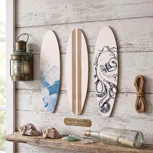 Vista 4 de RattanView Juego de 3 piezas de decoración de pared de tabla de surf de 11.8 x 3.4 pulgadas, tabla de surf de madera con ondas de playa, verano