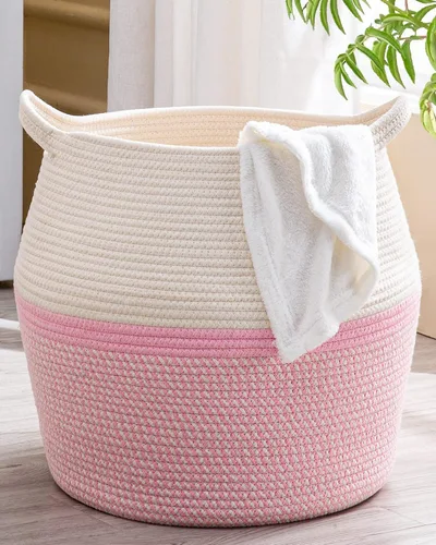 Vista 13 de KAKAMAY Cestas tejidas para almacenamiento (17 x 17 pulgadas), cesta grande de lavandería para bebé tejida con cuerda de algodón, cesta de Flecos