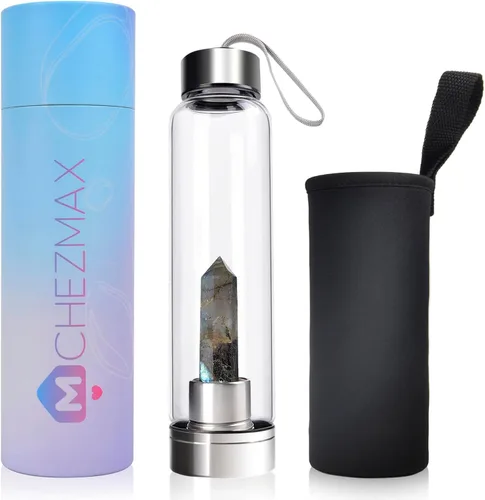 Vista 13 de ChezMax Botella de agua en cristal con centro de cristal natural intercambiable 18.6Oz, Natural Quartz Gemstone, Juice Container with Lid Sleeve