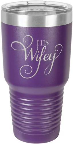 Vista 18 de Taza de viaje de acero con recubrimiento de polvo grabado con láser, con grabado «HIS WIFEY» de 325 ml, sin BPA, para mantener tu bebida fría