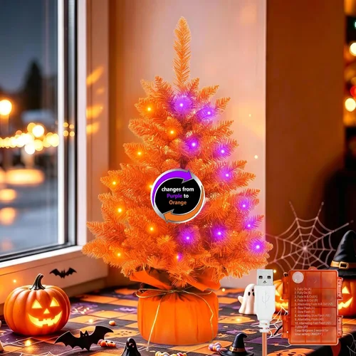 Vista 15 de Árbol de Halloween negro de 2 pies con luces, 50 LED multicolor preiluminado, mini árbol de Navidad artificial morado, árbol de Halloween