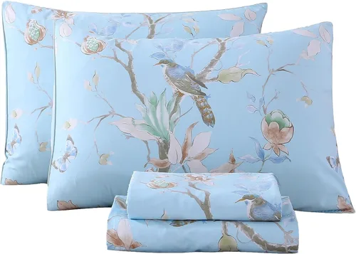 Vista 11 de RYNGHIPY Juego de sábanas de algodón con estampado floral de abejas Shabby, con fundas de almohada, juego de ropa de cama de algodón egipcio