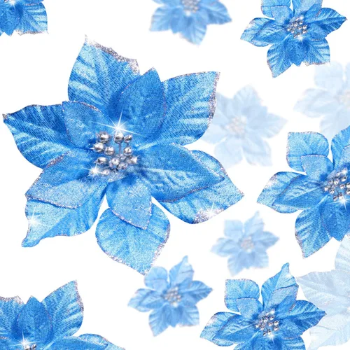 Vista 10 de WILLBOND 36 piezas de flores de Pascua navideñas de 3 tamaños para árbol de Navidad, flores falsas con purpurina, decoración, adornos de flor