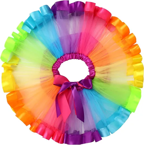 Vista 3 de IBAKOM Conjunto de ropa de 3 piezas para bebé niña de 1er cumpleaños + tutú de tul de princesa arcoíris + diadema con lazo, conjunto de ropa de 3