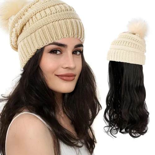 Vista 15 de AynnQueen - Gorro de invierno con extensiones de cabello desmontables para mujer.