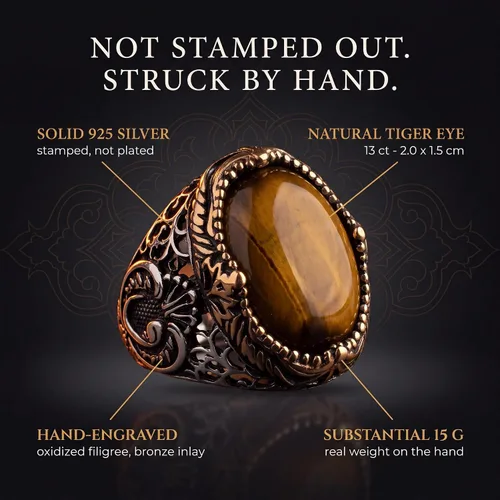 Vista 2 de KAR Anillo de ojo de tigre natural para hombre de plata de ley 925K estampado I1B