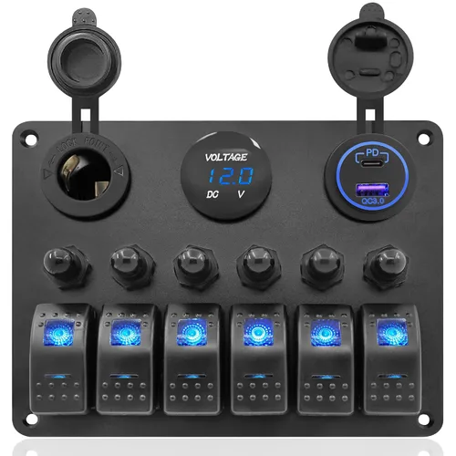 Vista 10 de Panel de interruptor basculante impermeable de 6 posiciones con pantalla digital LED azul, voltímetro, doble puerto de carga USB de 5 V, toma