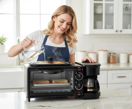 Vista 7 de Máquina de desayuno casera multifuncional 3 en 1, mini horno, cafetera (negro)