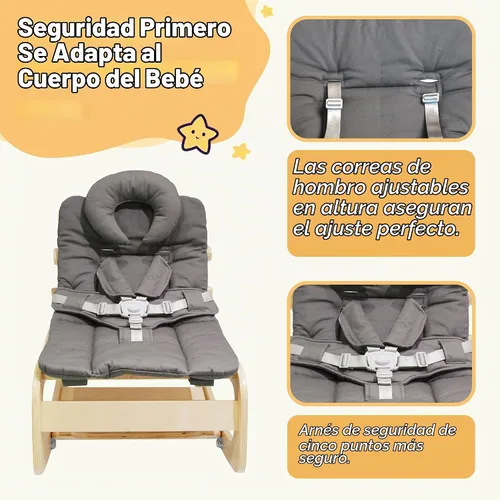 Vista 5 de Mecedora para bebé, ajustable para bebé, silla mecedora de madera 3 en 1 con arnés de 5 puntos, asiento para bebés y niños pequeños, color gris Beige