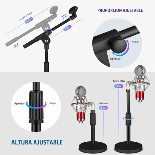 Vista 6 de CAHAYA Soporte de micrófono ajustable: soporte de micrófono con brazo de brazo de brazo de escritorio con 2 clips de micrófono Base de metal