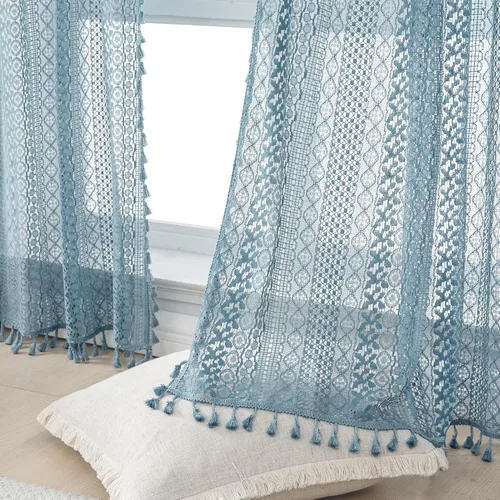 Vista 24 de WAZZIO Cortinas de Encaje, Cortina Boho de Crochet para Dormitorio, Cortinas de Café de Algodón, 45 Pulgadas de Largo, 2 Paneles con Bolsillo