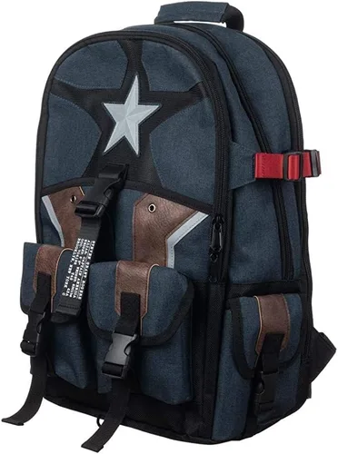 Vista 2 de Mochila utilitaria de superhéroe de Capitán América Comic Book, Azul Patchwork, talla única Se ajusta a la mayoría