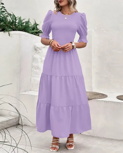 Vista 139 de BTFBM Vestidos para mujer, cuello redondo, casual, de verano, con volantes, manga corta, bohemio, con niveles, fruncido, largo, con estampado floral